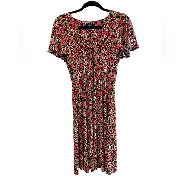 Chaps V-Neck Flutter Sleeve Midi Dress Brown Pink‎ Multicolor Dots Size Small - Picture 1 of 6
